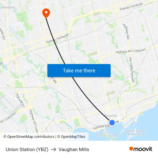 Union Station (YBZ) to Vaughan Mills map