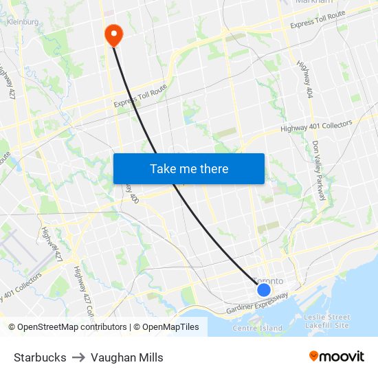 Starbucks to Vaughan Mills map