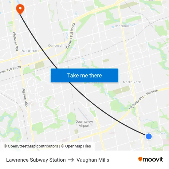 Lawrence Subway Station to Vaughan Mills map