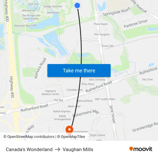 Canada's Wonderland to Vaughan Mills map