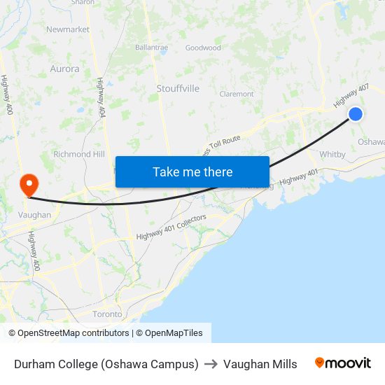 Durham College (Oshawa Campus) to Vaughan Mills map