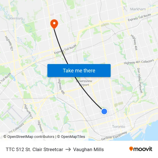TTC 512 St. Clair Streetcar to Vaughan Mills map
