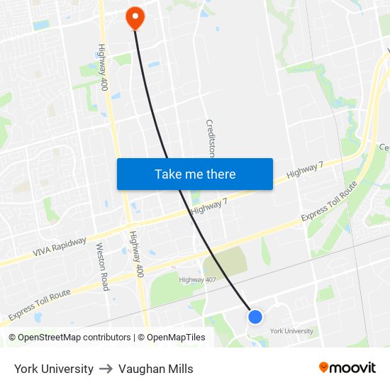 York University to Vaughan Mills map