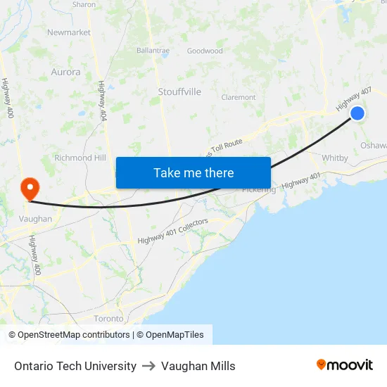 Ontario Tech University to Vaughan Mills map