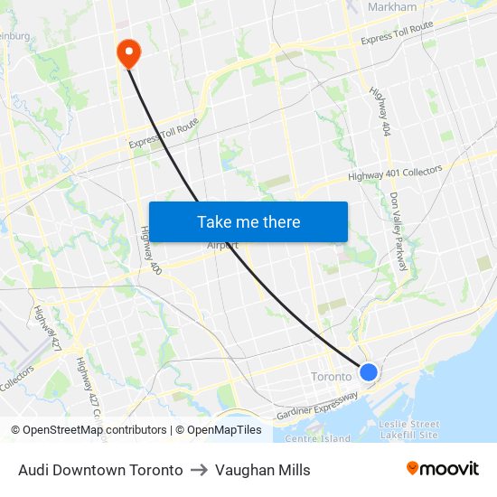 Audi Downtown Toronto to Vaughan Mills map