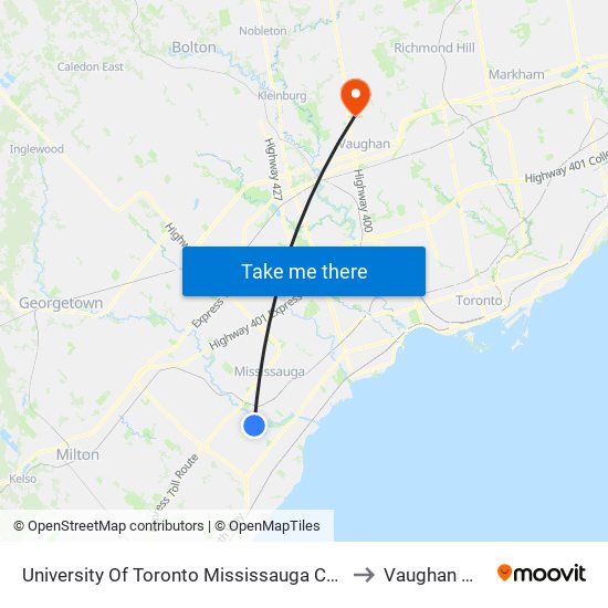 University Of Toronto Mississauga Campus to Vaughan Mills map