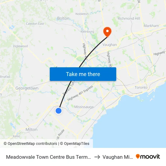Meadowvale Town Centre Bus Terminal to Vaughan Mills map