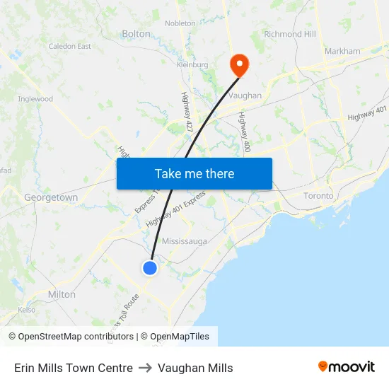 Erin Mills Town Centre to Vaughan Mills map