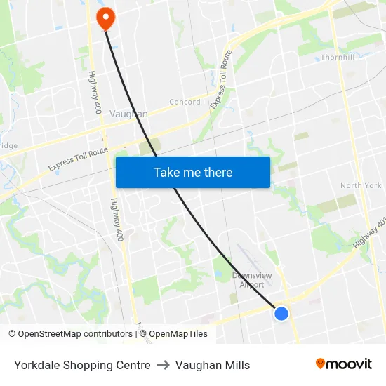 Yorkdale Shopping Centre to Vaughan Mills map