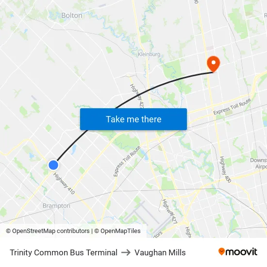 Trinity Common Bus Terminal to Vaughan Mills map