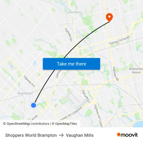 Shoppers World Brampton to Vaughan Mills map