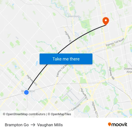 Brampton Go to Vaughan Mills map