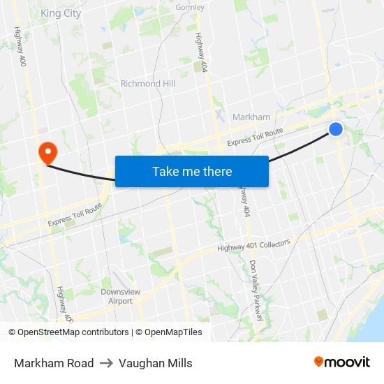 Markham Road to Vaughan Mills map