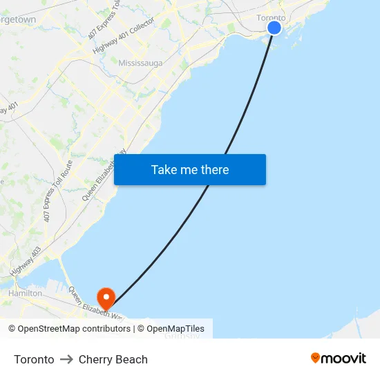 Toronto to Cherry Beach map
