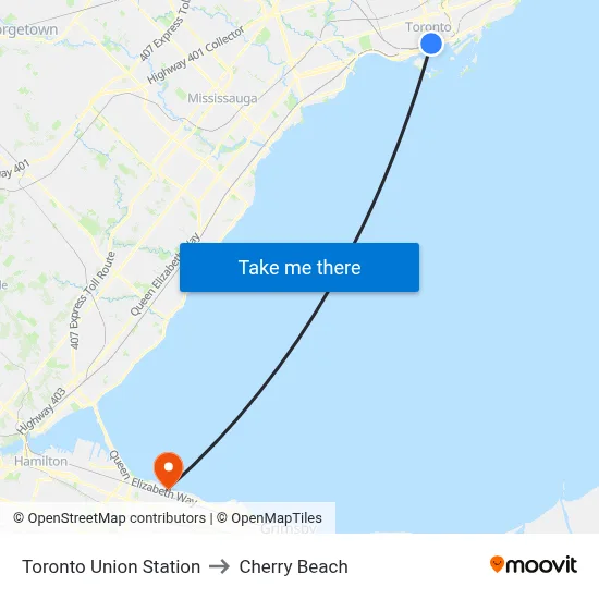 Toronto Union Station to Cherry Beach map