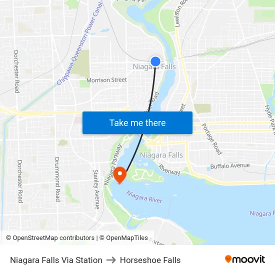 Niagara Falls Via Station to Horseshoe Falls map