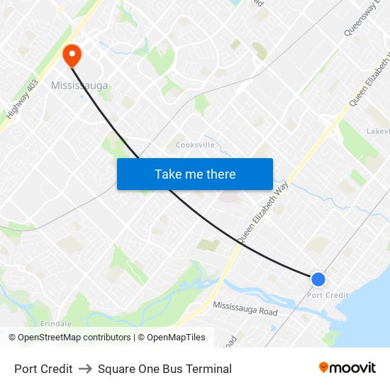 Port Credit to Square One Bus Terminal map