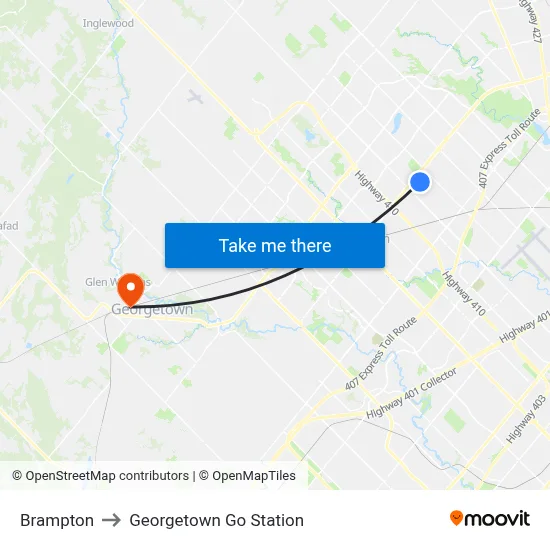 Brampton to Georgetown Go Station map
