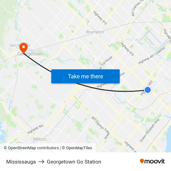 Mississauga to Georgetown Go Station map