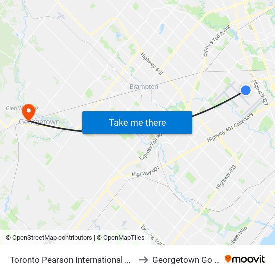 Toronto Pearson International Airport (Yyz) to Georgetown Go Station map
