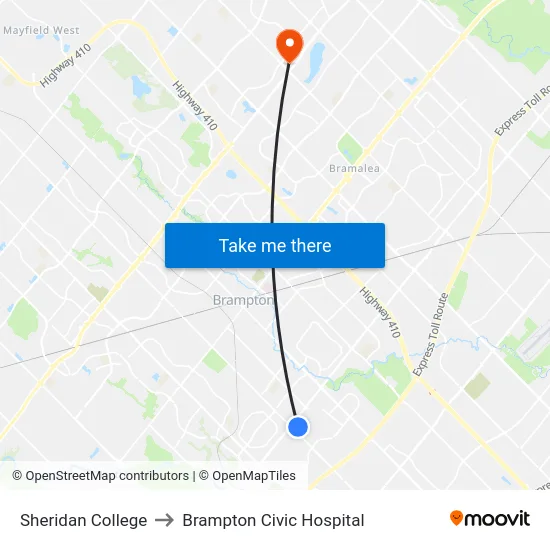 Sheridan College to Brampton Civic Hospital map