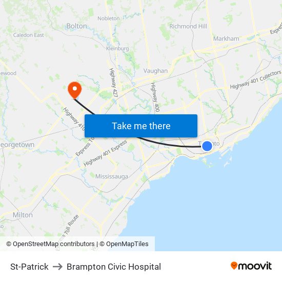 St-Patrick to Brampton Civic Hospital map