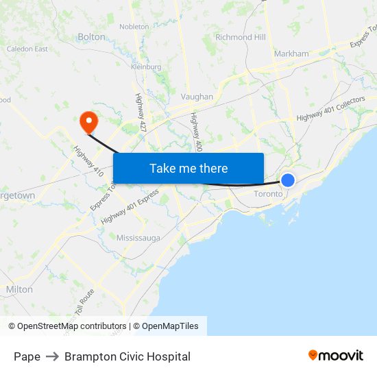 Pape to Brampton Civic Hospital map