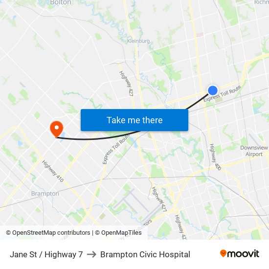 Jane St / Highway 7 to Brampton Civic Hospital map