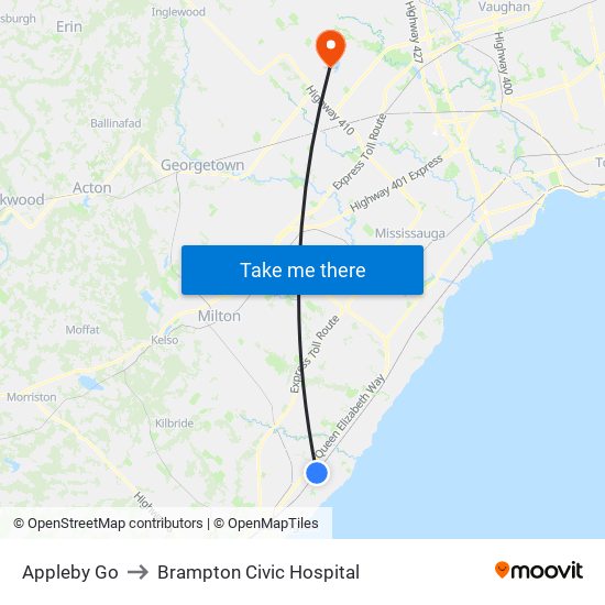 Appleby Go to Brampton Civic Hospital map