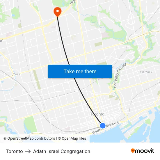 Toronto to Adath Israel Congregation map