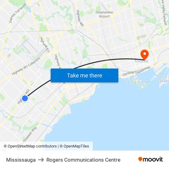 Mississauga to Rogers Communications Centre map