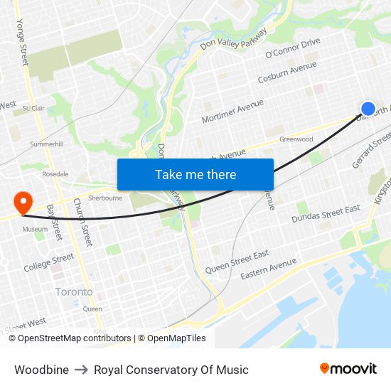 Woodbine to Royal Conservatory Of Music map