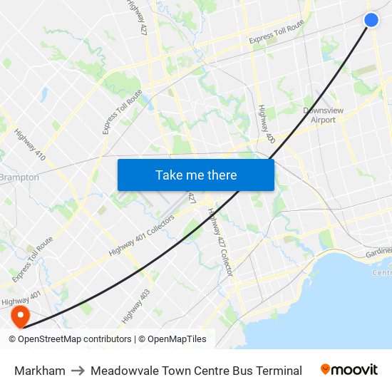 Markham to Meadowvale Town Centre Bus Terminal map