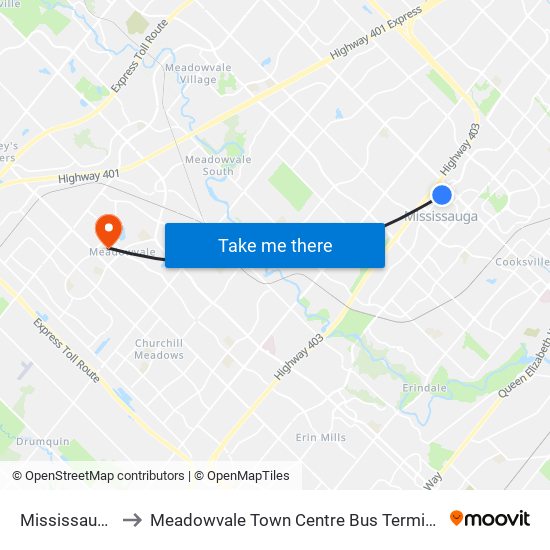Mississauga to Meadowvale Town Centre Bus Terminal map