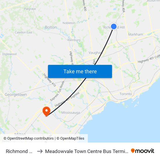 Richmond Hill to Meadowvale Town Centre Bus Terminal map