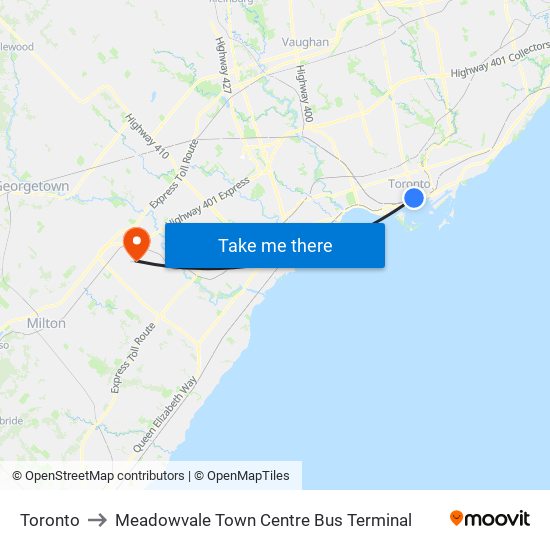 Toronto to Meadowvale Town Centre Bus Terminal map