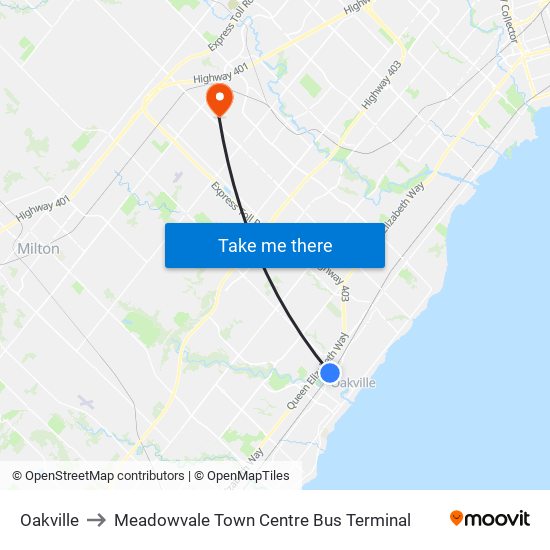Oakville to Meadowvale Town Centre Bus Terminal map