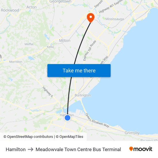 Hamilton to Meadowvale Town Centre Bus Terminal map