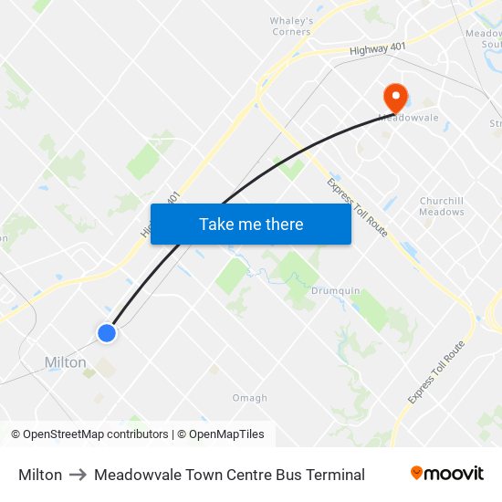 Milton to Meadowvale Town Centre Bus Terminal map