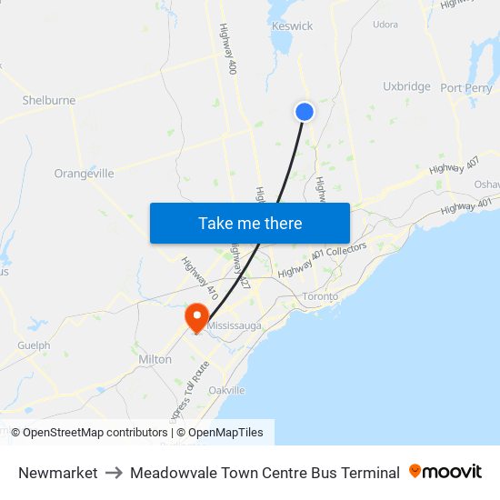 Newmarket to Meadowvale Town Centre Bus Terminal map