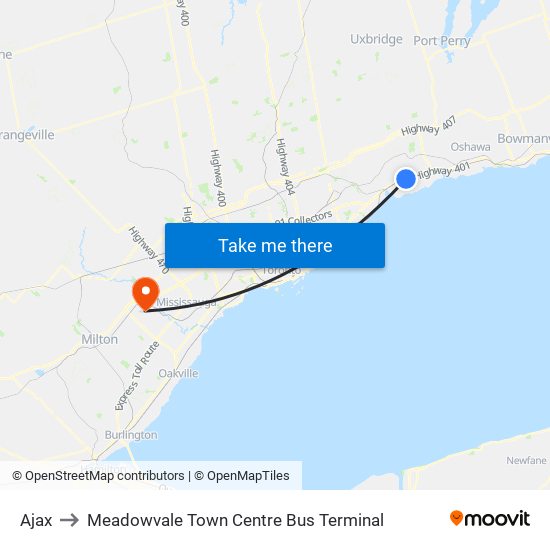 Ajax to Meadowvale Town Centre Bus Terminal map