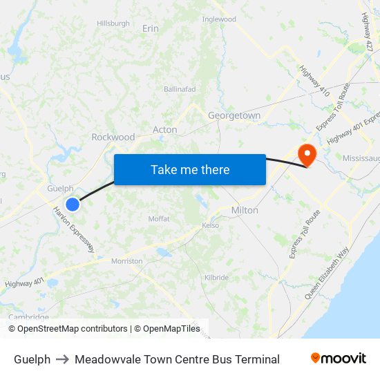 Guelph to Meadowvale Town Centre Bus Terminal map