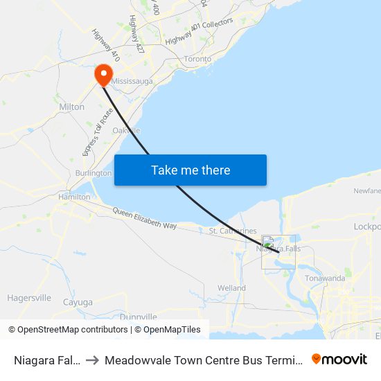 Niagara Falls to Meadowvale Town Centre Bus Terminal map