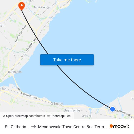 St. Catharines to Meadowvale Town Centre Bus Terminal map