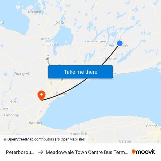 Peterborough to Meadowvale Town Centre Bus Terminal map