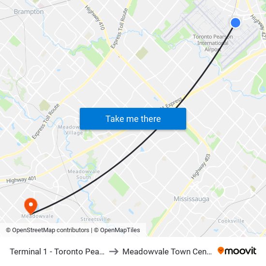 Terminal 1 - Toronto Pearson Int'L Airport to Meadowvale Town Centre Bus Terminal map