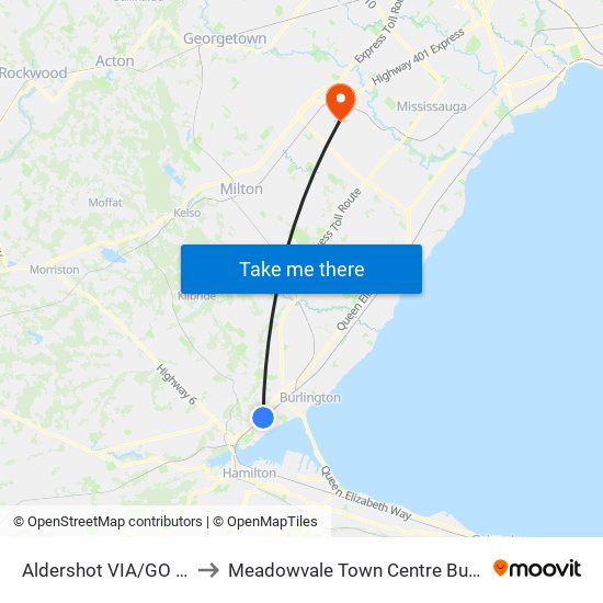 Aldershot VIA/GO Station to Meadowvale Town Centre Bus Terminal map