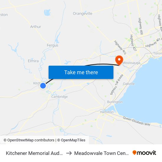 Kitchener Memorial Auditorium Complex to Meadowvale Town Centre Bus Terminal map