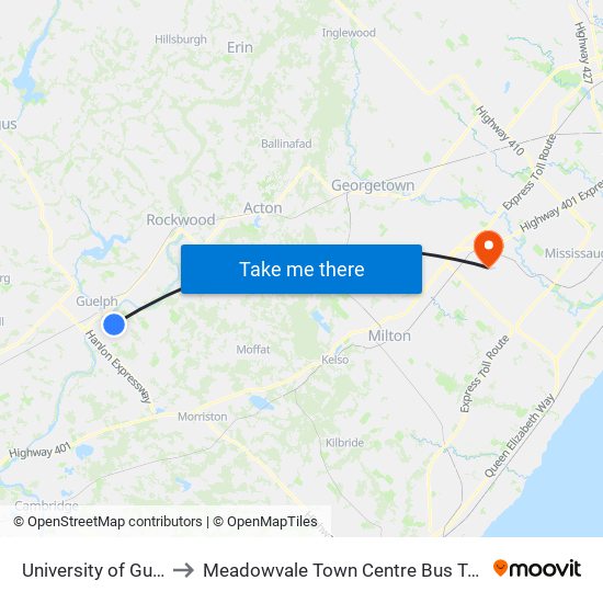 University of Guelph to Meadowvale Town Centre Bus Terminal map