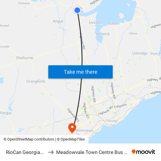 RioCan Georgian Mall to Meadowvale Town Centre Bus Terminal map